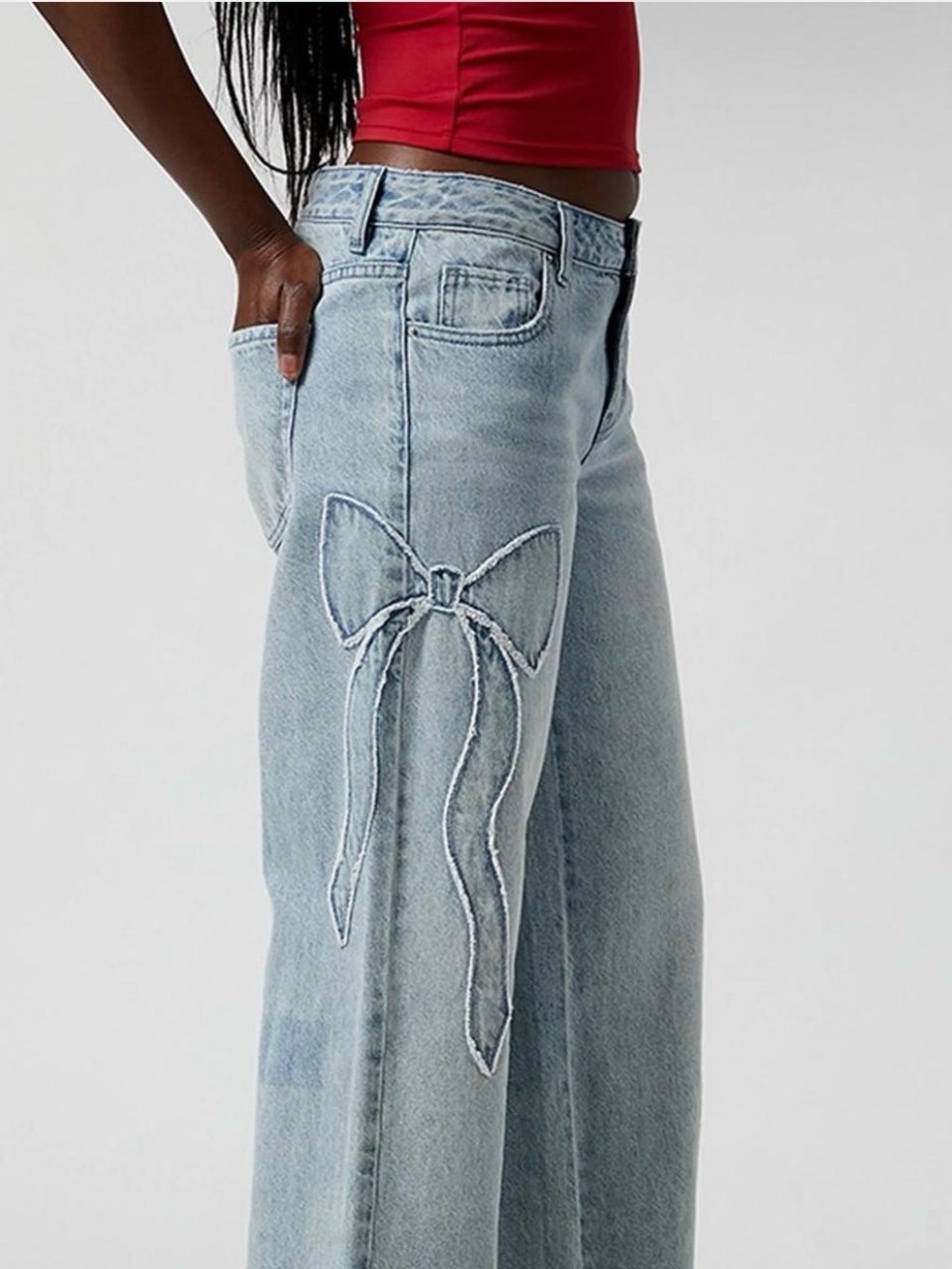 Edikted Light Blue Wide-Leg Embroidered Bow Jeans - Picture 3 of 4